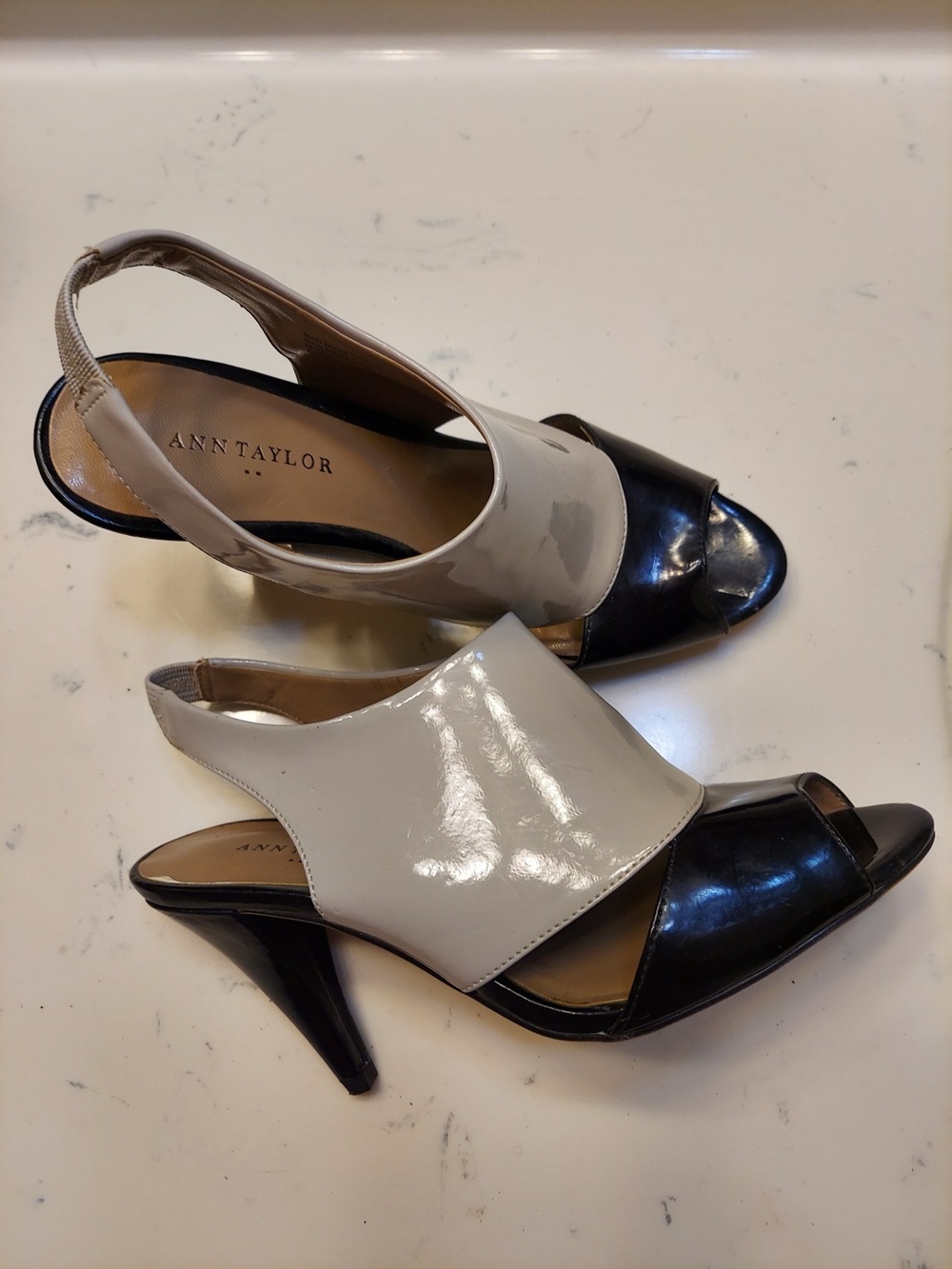 Ann Taylor Black and Beige Patent Slingback Heels